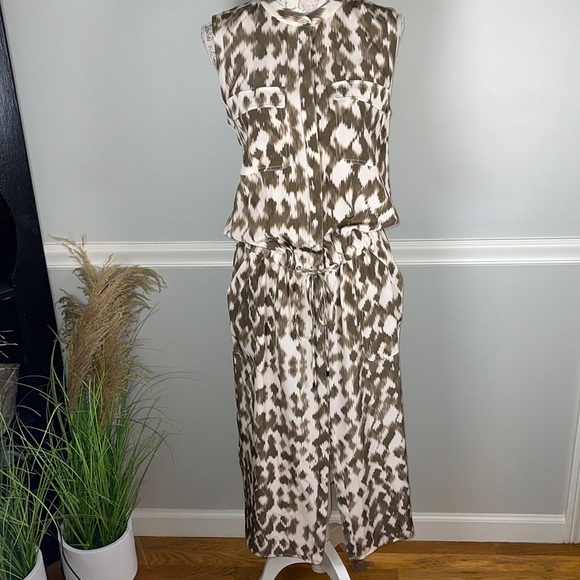 Vince Small Cream Brown Print Sleeveless Drawstring Dress